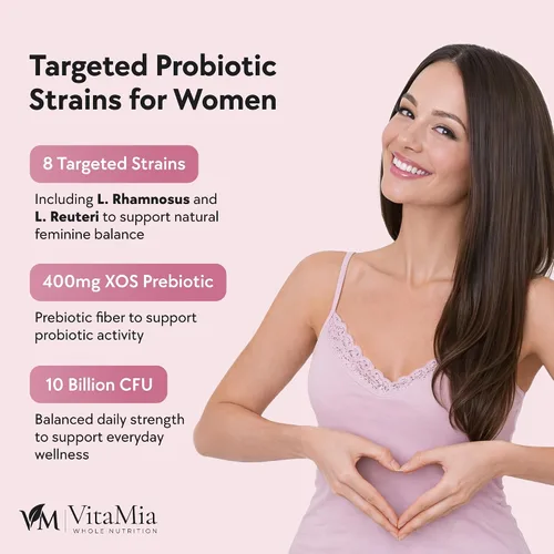 Vista 3 de VitaMia - Probióticos femeninos para mujeres: probióticos para mujeres, cuidado femenino avanzado con 10 mil millones de UFC más prebióticos XOS