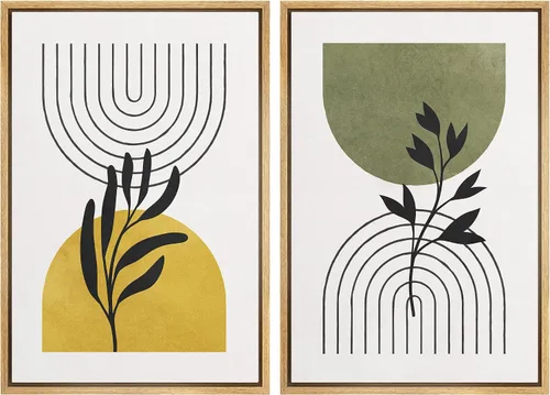 Vista 72 de SIGNFORD Lienzo enmarcado para pared, juego de arte geométrico retro de mediados de siglo, plantas forestales, ilustraciones con formas abstractas