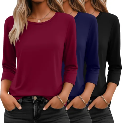 Vista 19 de Ficerd Paquete de 3 camisetas de manga 3/4 para mujer, cuello redondo, camisetas básicas elegantes, casuales, modernas, holgadas