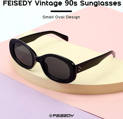 Vista 6 de FEISEDY Gafas de sol retro ovaladas estilo vintage de los años 90, gruesas, redondas, B2312, 52 mm
