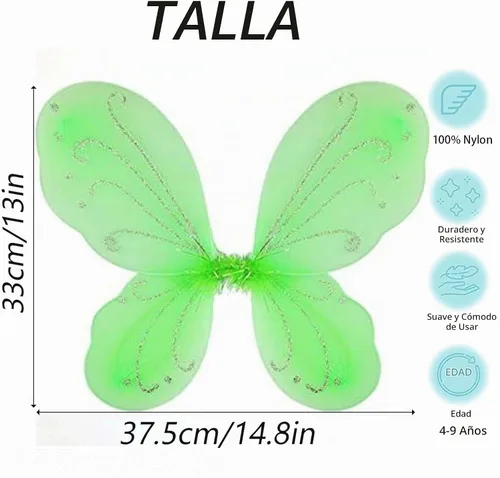 Vista 4 de Colle - Alas de hada de mariposa para niñas, disfraces de hada, alas brillantes de princesa para fiestas Verde brillante