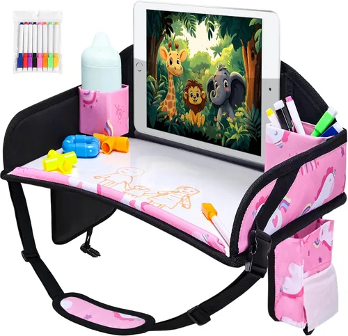 Vista 22 de 2 piezas Bandeja de viaje para niños, bandeja para asiento de coche para niños Viaje, Esenciales de viaje en carretera para niños con kit de dibujo