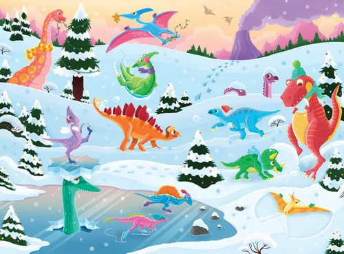Vista 6 de Peaceable Kingdom Rompecabezas de dinosaurios navideños, rompecabezas de dinosaurios de 100 piezas para niños a partir de 5 años, ideal para aulas