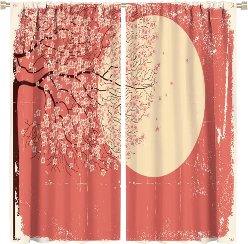 Vista 45 de Cortinas de cerezo, paisaje japonés, árbol de cerezo natural, primavera, dormitorio, sala de estar, ventana, 2 juegos de paneles, 42 x 45 pulgadas