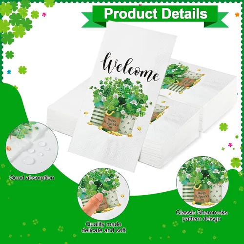 Vista 3 de Outus 100 servilletas del día de San Patricio, tréboles de bienvenida, toallas de papel para invitados, toallas de mano verdes, tréboles