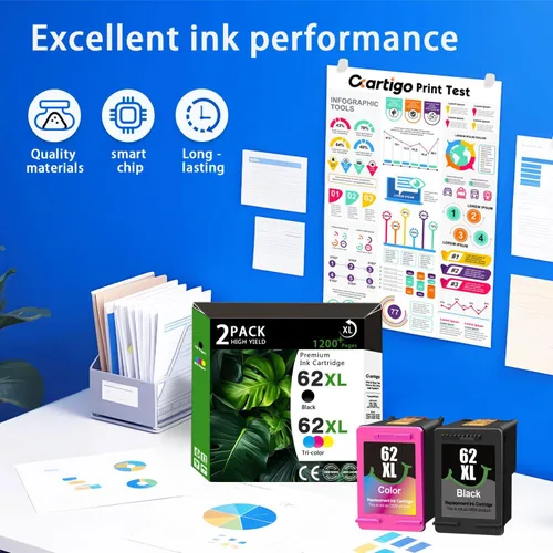 Vista 6 de 62XL - Cartuchos de tinta compatibles con alto rendimiento para HP 62, compatible con impresoras HP Envy 5540 5640 5660 7644 OfficeJet 5740 5741