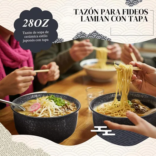 Vista 7 de SiliFine Juego de 2 cuencos de cerámica para ramen con tapa, olla de arcilla para microondas de 25 onzas, vajilla tradicional japonesa, olla de Negro