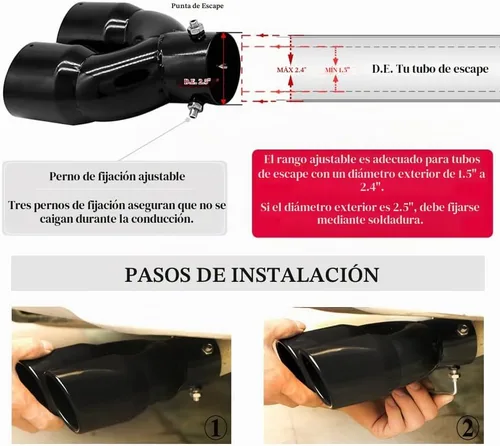 Vista 4 de Punta de escape doble de acero inoxidable con borde inclinado para tubos de ajuste de 1.5 a 2.5 pulgadas de diámetro, punta de escape universal