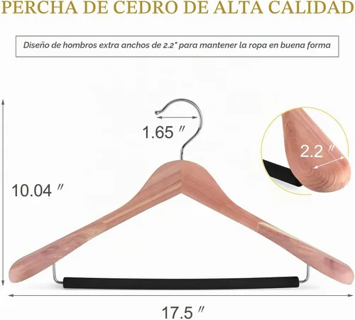 Vista 2 de TOPIA HANGER Perchas de madera de cedro rojo americano sin terminar, perchas de madera de lujo para chaquetas, hombros anchos con barra acolchada