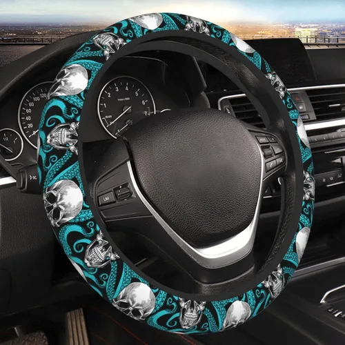 Vista 9 de Funda de volante retro con diseño de calavera para mujeres, hombres y niñas, accesorios para automóvil, decoración, antideslizante, de neopreno, 15