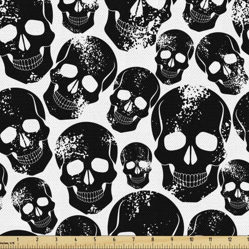 Vista 105 de Ambesonne The Yard, tela de calavera colorida con temática de Halloween, diseño de calavera y huesos cruzados, divertido estampado de dibujos