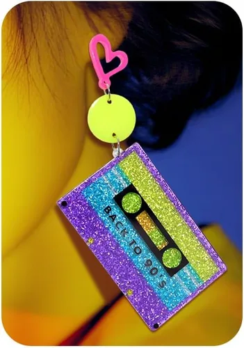Vista 8 de RechicGu Aretes de aro de corazón de neón de los años 80 y 90 para fiesta brillante, atuendo retro de los años 70, accesorios de joyería, regalo