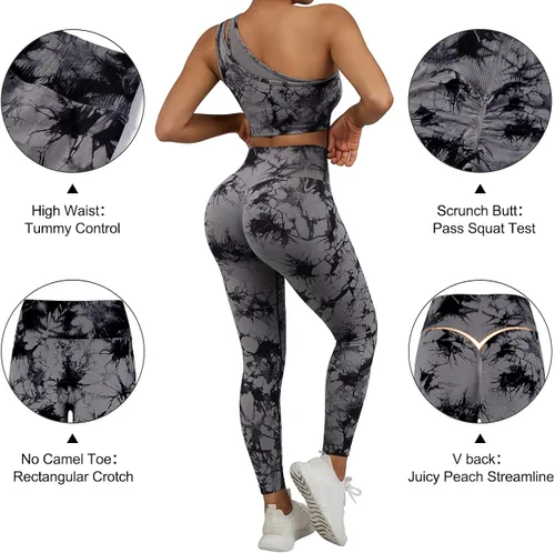 Vista 3 de OMKAGI Conjunto de entrenamiento para mujer, 2 piezas, sin costuras, brasier deportivo de un hombro, leggings para levantamiento de glúteos, trajes