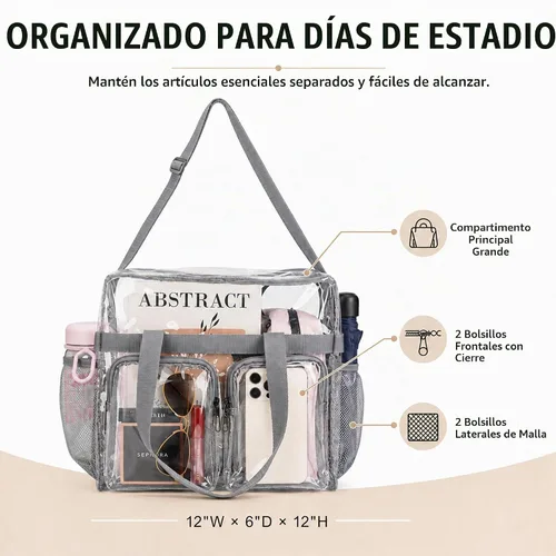 Vista 7 de ZENPUNK Bolsas transparentes aprobadas para estadios con cierre de cremallera, bolsa cruzada con correa ajustable Gris