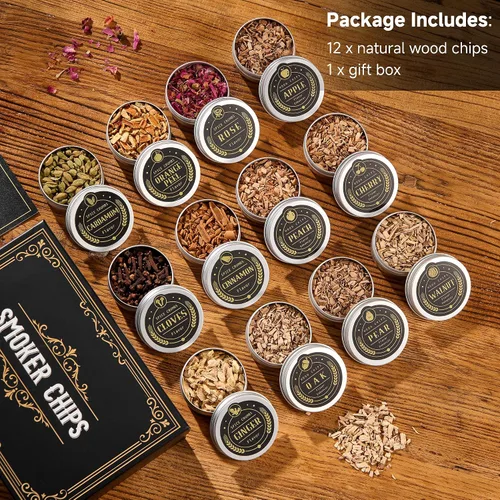 Vista 2 de ComboJoy Juego de Regalo de Astillas de Madera para Fumador de Cócteles de 12 Sabores para Hombres - Canela, Clavo, Cáscara de Naranja, Cardamomo