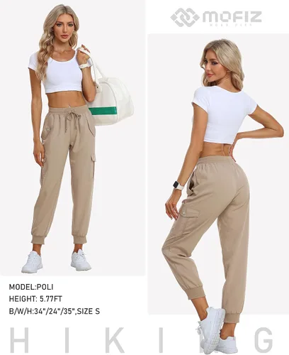 Vista 6 de MoFiz Pantalones cargo para mujer, ligeros, con cintura elástica, pantalones deportivos de senderismo, pantalones casuales de viaje con bolsillo