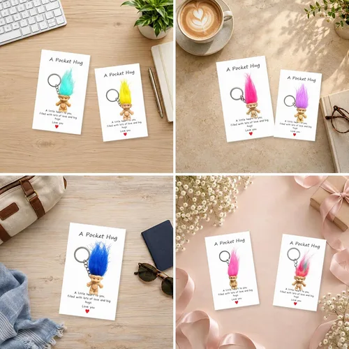 Vista 8 de 10pcs Pocket Hug Cards with Vintage Lucky mini troll dolls keychains