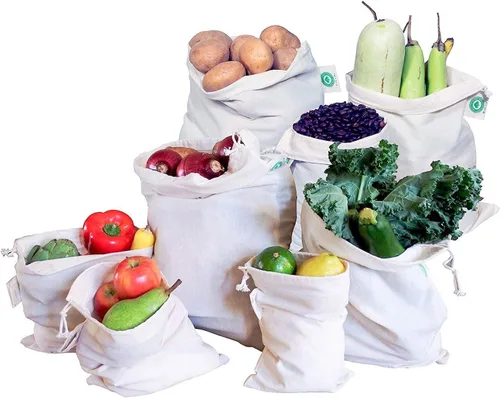 Vista 11 de Bolsas reutilizables de algodón lavables – Bolsas de algodón orgánico para verduras – Bolsa de tela con cordón – Bolsas de tela de muselina