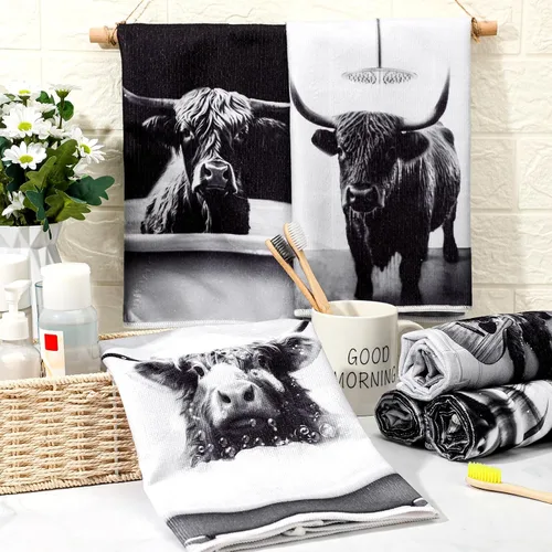 Vista 2 de Boyiee Juego de 6 toallas de cocina de ganado Highland, divertidas toallas de baño de vaca en blanco y negro, absorbentes de 24 x 16 pulgadas, lindo