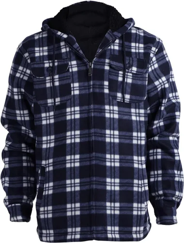 Vista 2 de Chaqueta de franela a cuadros para hombre, de felpa con capucha, sherpa con cremallera, pesada y gruesa, cálida para invierno