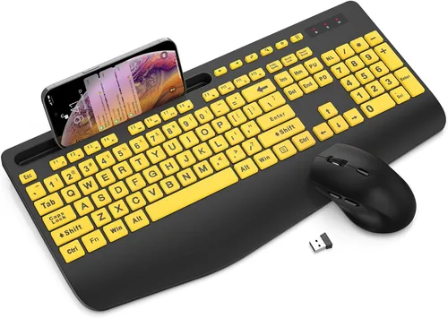 Vista 11 de Combo de teclado y mouse inalámbrico - Teclado ergonómico de tamaño completo con reposabrazos, soporte para teléfono, modo de suspensión, combo