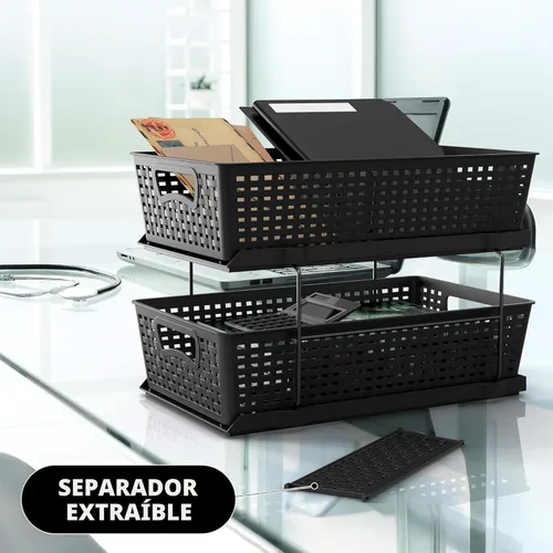 Vista 9 de Simple Houseware Bandeja organizadora de baño de 2 niveles, cajón deslizante extraíble, almacenamiento debajo del fregadero, color negro