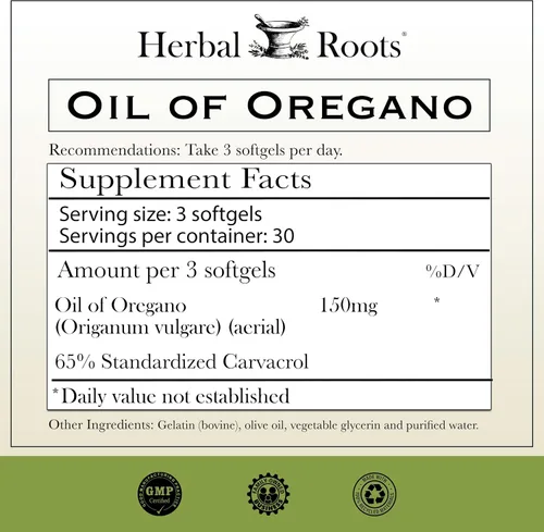 Vista 2 de Herbal Roots Aceite de orégano - Hecho de aceite de orégano mediterráneo - 90 cápsulas de cápsulas blandas fáciles de tragar - Extra Strength 150mg