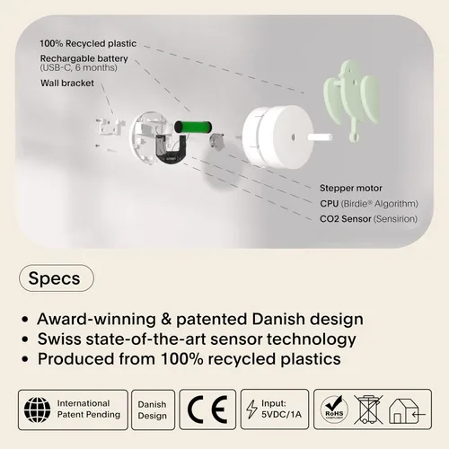 Vista 4 de Birdie 2.0 - Monitor de CO2 de Diseño para Interiores - Medidor de Calidad del Aire para Hogar y Oficina - Promueve la Salud Mental y Física - Meadow