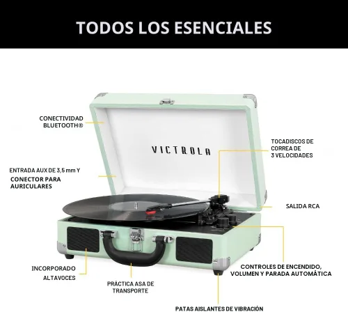 Vista 2 de VictrolaJugador de registro portátil de la maleta de Bluetooth de 3 velocidades de la vendimia con altavoces incorporados Built-in stereo