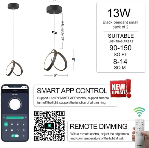 Vista 2 de Iluminación colgante moderna de isla, con control remoto regulable y aplicación de lámpara Samrt, lámpara de techo negra colgante ajustable