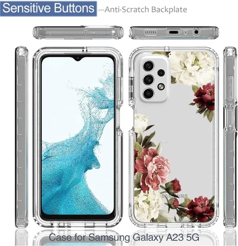 Vista 5 de Funda para Galaxy A23, SM-A235M con protector de pantalla de vidrio templado, bonito patrón floral transparente de cuerpo completo, funda protectora