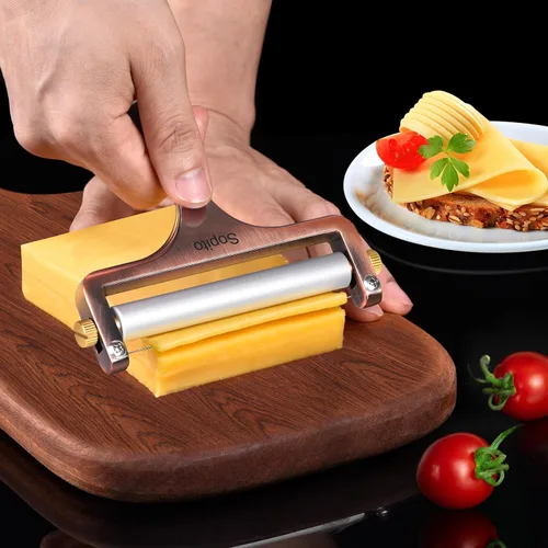 Vista 2 de Cortador de queso Sopito de acero inoxidable con 3 cables extra ideal para queso cheddar, gruyere, raclette, bloque de queso mozzarella, grosor Cobre