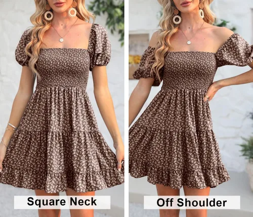 Vista 5 de Veatzaer Vestido corto de manga abombada con cuello cuadrado para mujer, estampado floral, bohemio, hombros descubiertos, con volantes