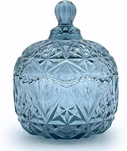Vista 32 de Tarro de almacenamiento de caramelos de vidrio de cristal colorido con relieve, lujoso recipiente para buffet de galletas con tapas, caja