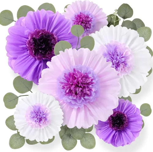 Vista 8 de Lincia 40 piezas de flores gigantes de papel y hojas artificiales de eucalipto, flores de papel grandes para decoración de pared, hojas sintéticas