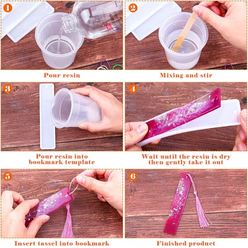 Vista 6 de Caffox Kit de moldes para marcapáginas con 100 borlas y 10 moldes de silicona para fundición de resina epoxi