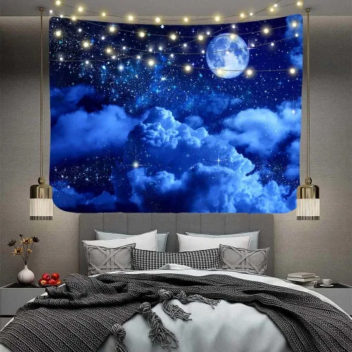 Vista 8 de Aidatain Tapiz de luna azul cielo nocturno nube creciente tapiz grande de 80 pulgadas 60 pulgadas 60 pulgadas de tela de franela temática de luz