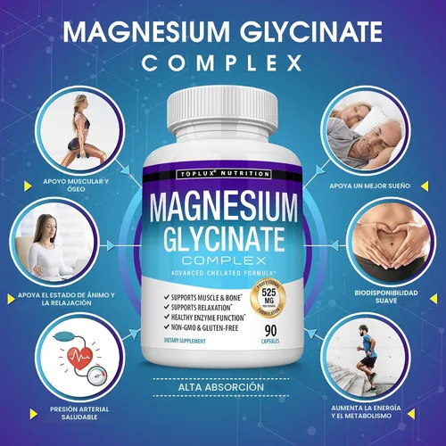 Vista 3 de Glicinato de magnesio 525 mg – Suplemento de magnesio quelado de alta absorción hecho con glicinato de magnesio puro – Apoya los músculos, sueño