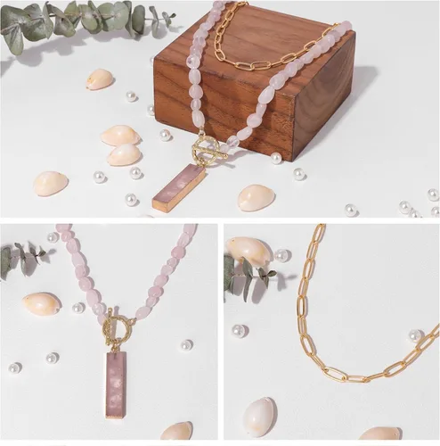 Vista 7 de Raicegs Beach Necklace Crystal Beads Necklace for Women Natural Stone 18K Gold Plated Layered Charm Choker Necklace for Teen Girl Bohemia Summer