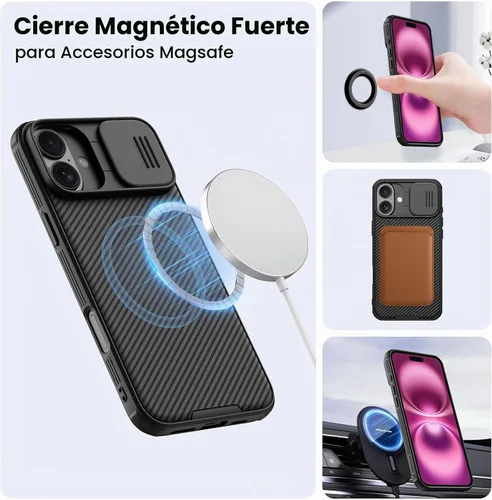 Vista 3 de Nillkin - Funda magnética para iPhone 16, protección mejorada deslizante para la cámara, compatible con Magsafe, funda protectora delgada y a prueba