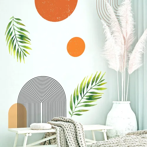 Vista 9 de Calcomanías de Pared Bohemias de Mediados de Siglo Modernas Despegar y Pegar, Pegatinas de Vinilo de Pared de Arcos Grandes Sol, Hojas Plantas