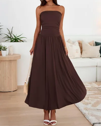 Vista 8 de BTFBM Vestidos largos de verano para mujer, vestido sin tirantes Marrón
