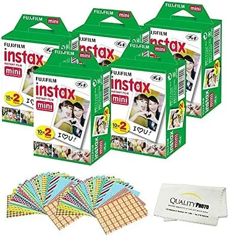Vista 2 de Fujifilm Película instantánea Instax Mini compatible con cámaras Instax Mini 8/9/11/12, incluye calcomanías de marco y paño de microfibra