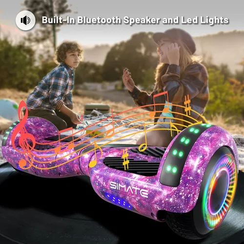 Vista 2 de SIMATE Scooter con accesorio de asiento, tablas de equilibrio automático de 6.5 pulgadas con altavoces Bluetooth y luces LED para niños, adultos