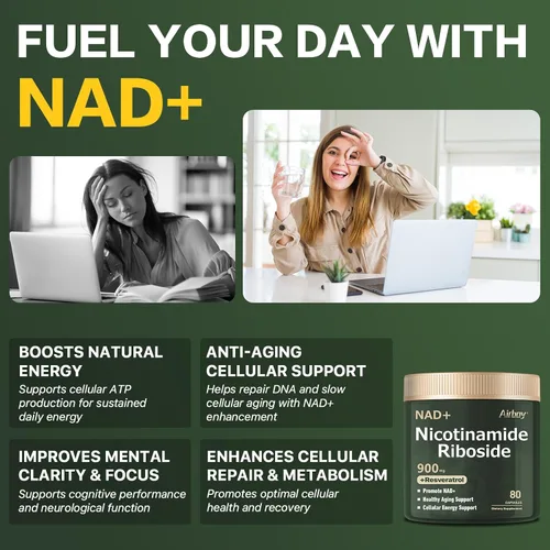 Vista 5 de Airboy Suplemento NAD+, ribósido liposomal de nicotinamida 900 mg con resveratrol y quercetina, alternativa al suplemento NMN, probado por terceros
