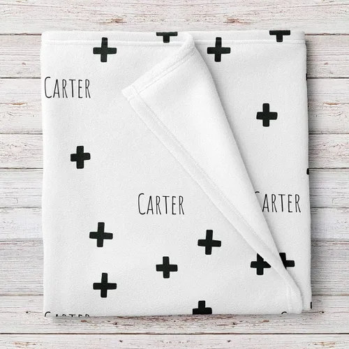 Vista 5 de Manta de bebé personalizada moderna con estampado de cruz en blanco y negro, Blanco