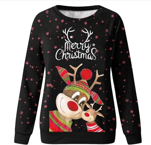 Vista 3 de Camisetas de Navidad para mujer, para otoño, invierno, divertidas, con estampado de ciervos, manga larga, cuello redondo, ajuste holgado