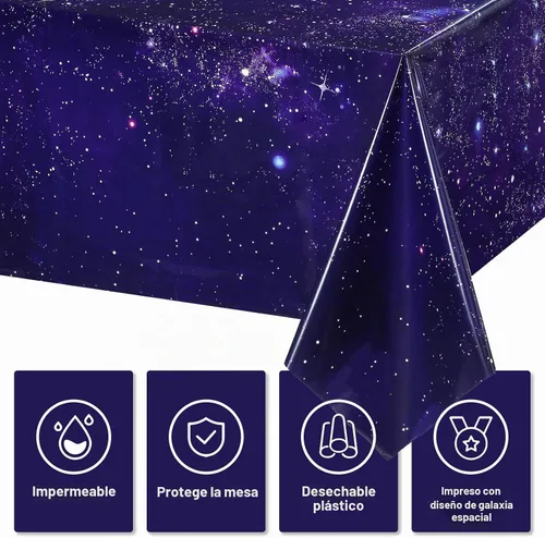 Vista 4 de Tatuo 1 paquete de mantel rectangular de plástico con galaxia, estrella espacial, nebulosa morada, desechable, cielo nocturno estrellado