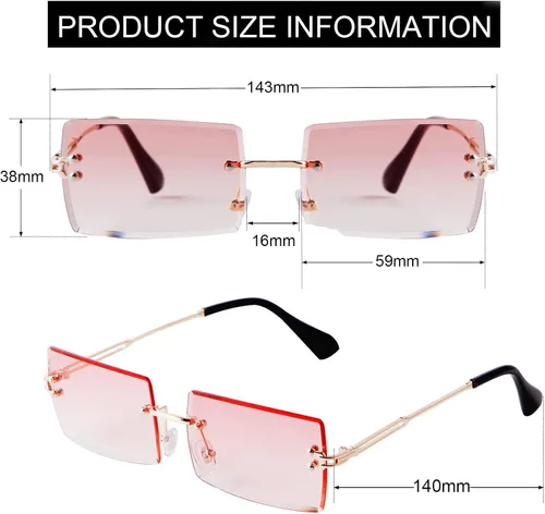 Vista 5 de SORVINO Lentes de sol rectangulares sin montura para mujeres y hombres, a la moda, color rosa transparente, lentes tintados azules sin marco