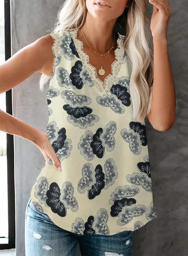 Vista 221 de VIISHOW - Camiseta sin mangas, sexy, con cuello en V y bordes de encaje para mujer, camisola de vestir, camisas de gasa, sin mangas, casuales